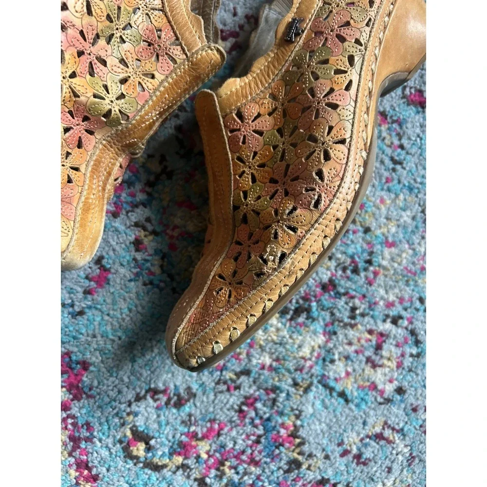 Pikolinos Wedge Sandals Tan Floral Laser Cut Leather Slingback Clogs Bohemian